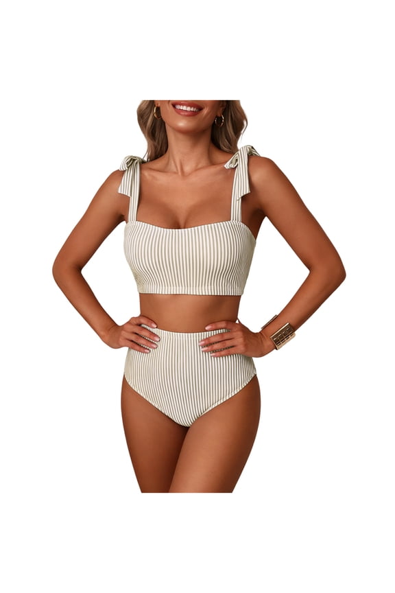 Women's Striped Bikini Set Tie Shoulder High Waisted Two Piece Bathing Suits Retro Modest Slim Fit Swimsuits for Summer Beach Pool Vacation Khaki M