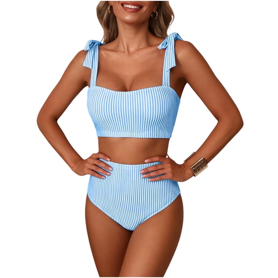 HAPIMO Women's Striped Bikini Set Tie Shoulder High Waisted Two Piece Bathing Suits Retro Modest Slim Fit Swimsuits for Summer Beach Pool Vacation Sky Blue S