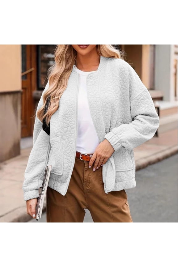 Women's Stylish Flight Jacket Fall Long Sleeve Stand Collar Jacket Daily Casual Jacket Solid Full Zip Jacket Coat White XXL