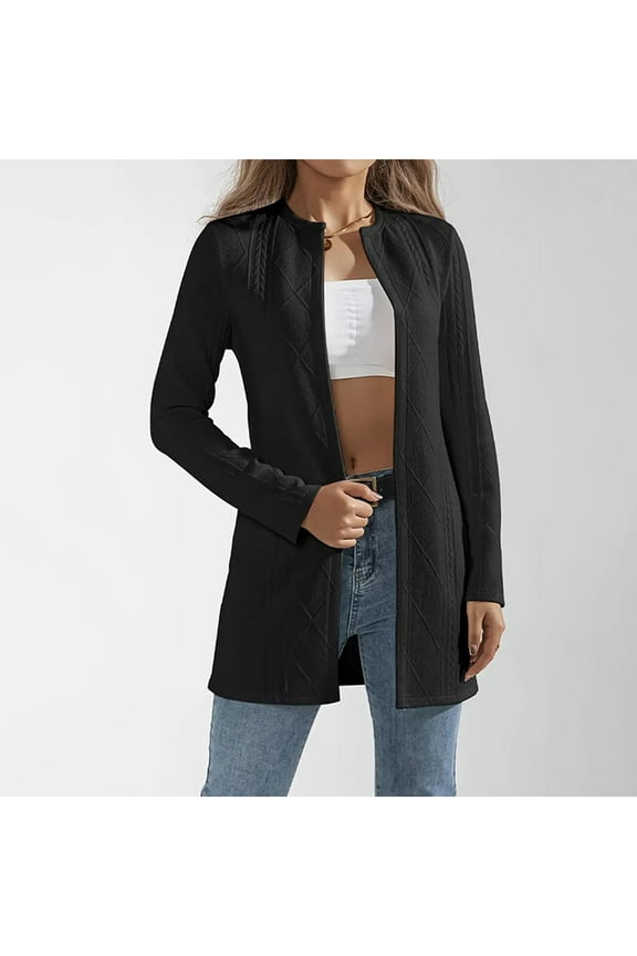 Women's Stylish Jacket Daily Casual Jacket Comfy Long Sleeve Crewneck Jacket Lightweight Fall Jacket Solid Open Front Jacket Black L