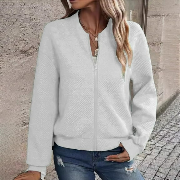 HAPIMO Women's Stylish Jacket Daily Casual Jacket Comfy Long Sleeve Stand Collar Jacket Lightweight Fall Jacket Solid Zip Up Jacket White XL