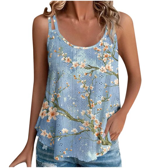 HAPIMO Women's Summer Eyelet Tank Tops Casual Flowy Camis Basic Tunic Camisole Sleeveless Shirts for Girls SOlid Color Scoop Neck Blouse Blue L