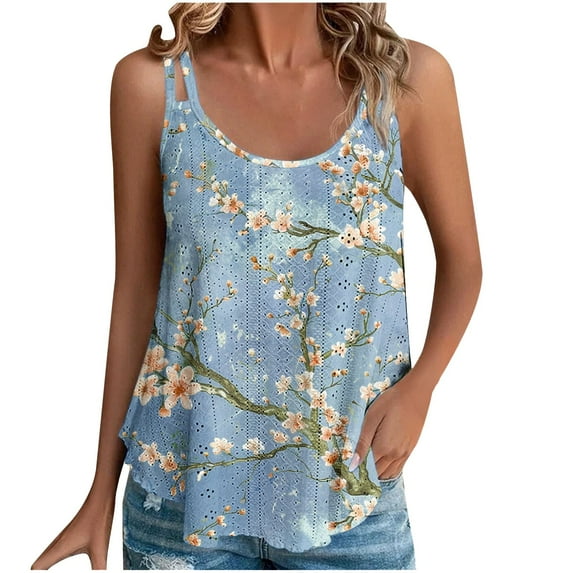 HAPIMO Women's Summer Eyelet Tank Tops Casual Flowy Camis Basic Tunic Camisole Sleeveless Shirts for Girls SOlid Color Scoop Neck Blouse Blue L