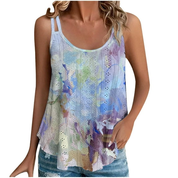 HAPIMO Women's Summer Eyelet Tank Tops Casual Flowy Camis Basic Tunic Camisole Sleeveless Shirts for Girls SOlid Color Scoop Neck Blouse Blue S