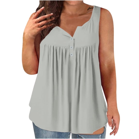 HAPIMO Women's Summer Plus Size Tank Tops V-Neck Blouse Basic Tunic Camisole Solid Color Print Tops Sleeveless Shirts for Girls Pleat Flowy Swing Camis Gray XXL