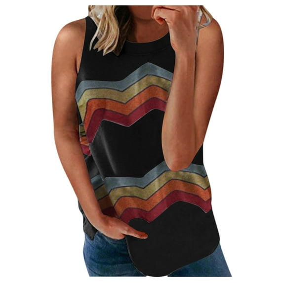 HAPIMO Women's Summer Tank Tops Casual Loose Fit Camis Vest O-Neck Blouse Colorblock Stripe Print Tops Trendy Comfy Camisole Sleeveless Shirts for Girls Savings Black XL