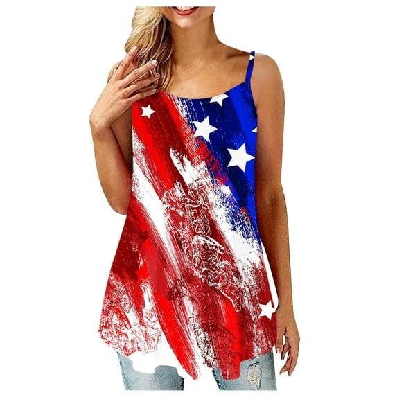 HAPIMO Women's Summer Tank Tops Casual Swing Tunic Camis Sleeveless Shirts for Girls Independence Day Print Tops Pleat Flowy Camisole V-Neck Blouse Red