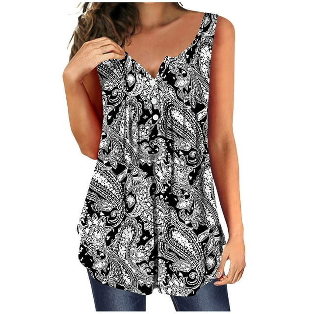 HAPIMO Women's Summer Tank Tops Front Button Tunic Camisole Pleat Flowy ...