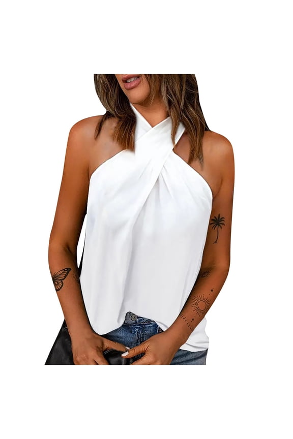 Women's Summer Tank Tops Halter Neck Blouse Cross Bandage Camisole Casual Chiffon Camis Vest Sleeveless Shirts for Girls Solid Color Print Tops White L