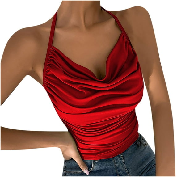 HAPIMO Women's Summer Tank Tops Halter Neck Blouse Twist Ruched Front Camisole Solid Color Print Tops Sleeveless Shirts for Girls Casual Loose Fit Camis Vest Rollbacks Red XL