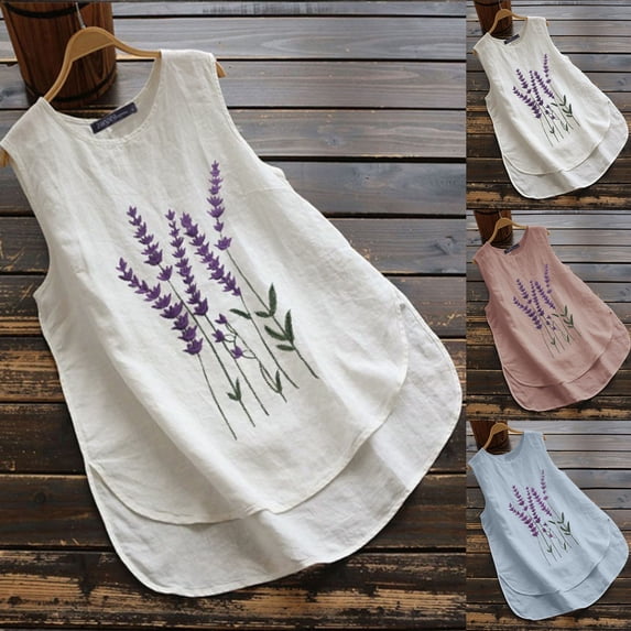 HAPIMO Women's Summer Tank Tops Lavender Graphic Print Tops O-Neck Blouse Cotton Linen Camisole Sleeveless Shirts for Girls Casual Loose Fit Camis Vest Sales White S