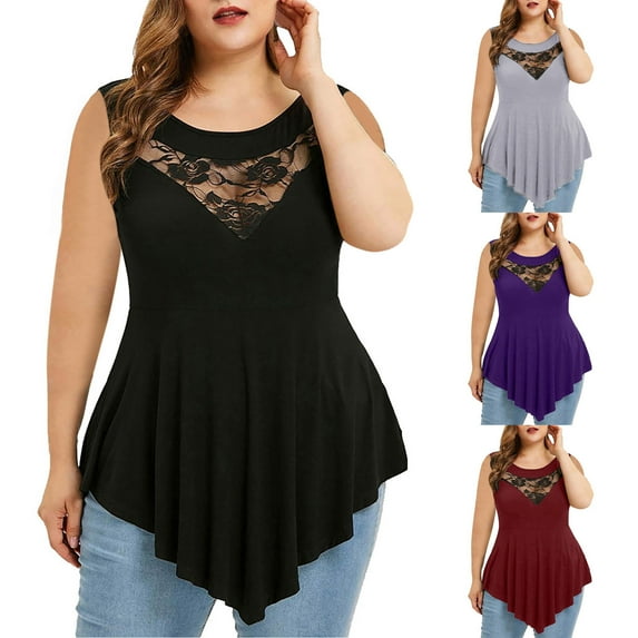 HAPIMO Women's Summer Tank Tops O-Neck Blouse Solid Color Print Tops Tunic Pleat Flowy Camis Vest Plus Size Lace Trim Camisole Sleeveless Shirts for Girls Black XXL