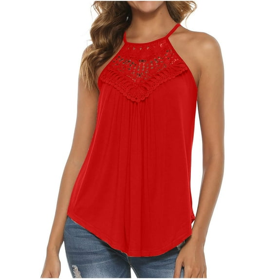 HAPIMO Women's Summer Tank Tops Pleat Flowy Camis Sleeveless Shirts for Girls Lace Trim Tunic Camisole Halter Neck Blouse Solid Color Print Tops Sales Red L