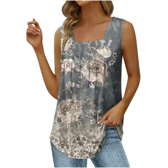 HAPIMO Women's Summer Tank Tops Pleat Flowy Camis Vest Square Neck Blouse Basic Tunic Camisole Solid Color Print Tops Sleeveless Shirts for Girls Rollbacks Dark Gray L