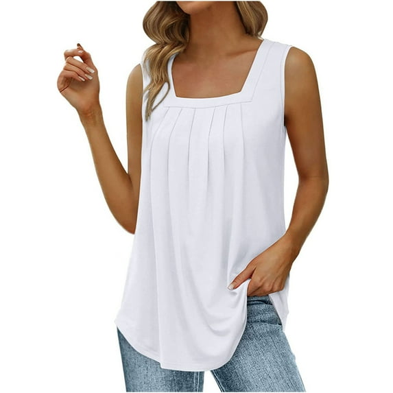HAPIMO Women's Summer Tank Tops Pleat Flowy Camis Vest Square Neck Blouse Basic Tunic Camisole Solid Color Print Tops Sleeveless Shirts for Girls White XXL