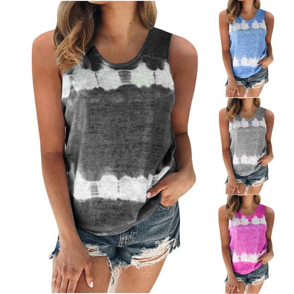 HAPIMO Women's Summer Tank Tops Relaxed Fit Camis Vest Sleeveless Shirts for Girls Ombre Stripe Print Tops Round Neck Blouse Daily Basic Camisole Blue XXXXL