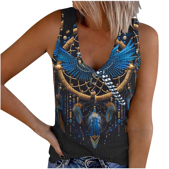 HAPIMO Women's Summer Tank Tops Scoop Neck Blouse Front Button Ribbed Camisole Casual Slim Fit Camis Vest July 4th Print Tops Sleeveless Shirts for Girls Sales Blue XXL