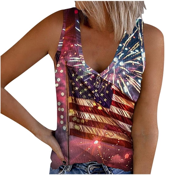 HAPIMO Women's Summer Tank Tops Scoop Neck Blouse Front Button Ribbed Camisole Casual Slim Fit Camis Vest July 4th Print Tops Sleeveless Shirts for Girls Sales Red M