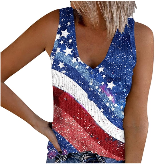 HAPIMO Women's Summer Tank Tops Scoop Neck Blouse Front Button Ribbed Camisole Casual Slim Fit Camis Vest July 4th Print Tops Sleeveless Shirts for Girls Sales Red XL