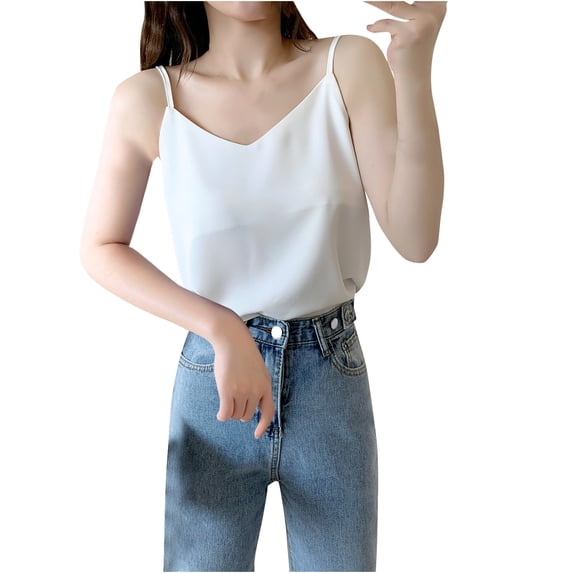 HAPIMO Women's Summer Tank Tops Sleeveless Shirts for Girls Chiffon Camisole V-Neck Blouse Solid Color Print Tops Casual Loose Fit Camis Vest Discount White L