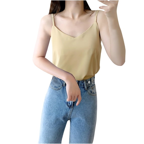 HAPIMO Women's Summer Tank Tops Sleeveless Shirts for Girls Chiffon Camisole V-Neck Blouse Solid Color Print Tops Casual Loose Fit Camis Vest Sales Beige XL