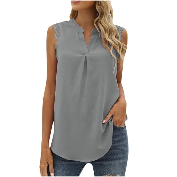 HAPIMO Women's Summer Tank Tops Sleeveless Shirts for Girls Notch V-Neck Blouse Solid Color Print Tops Tunic Comfy Camisole Casual Lace Crochet Camis Vest Gray XL