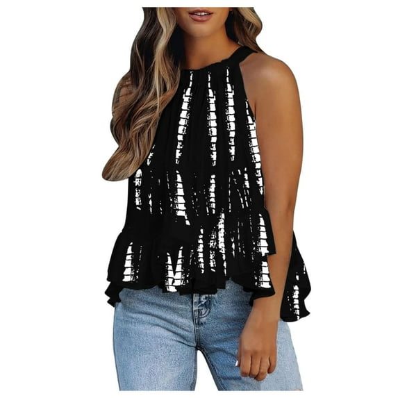 HAPIMO Women's Summer Tank Tops Sleeveless Shirts for Girls Pleat Flowy Tunic Camisole Colorblock Corrugated Print Tops Halter Neck Blouse Casual Loose Fit Camis Vest Discount Black L