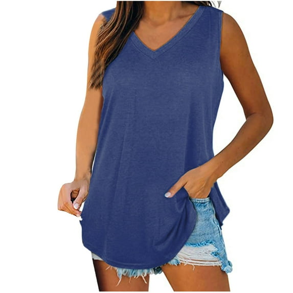 HAPIMO Women's Summer Tank Tops Sleeveless Shirts for Girls Solid Color Print Tops O-Neck Blouse Pleat Flowy Camis Vest Basic Tunic Camisole Rollbacks Blue