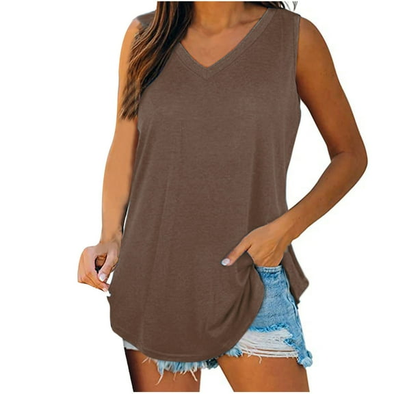 HAPIMO Women's Summer Tank Tops Sleeveless Shirts for Girls Solid Color Print Tops O-Neck Blouse Pleat Flowy Camis Vest Basic Tunic Camisole Brown