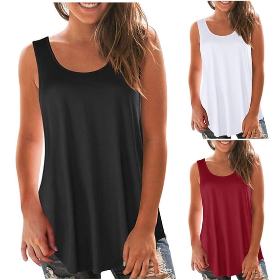 HAPIMO Women's Summer Tank Tops Sleeveless Shirts for Girls Solid Color Print Tops O-Neck Blouse Pleat Flowy Camis Vest Basic Tunic Camisole Red L