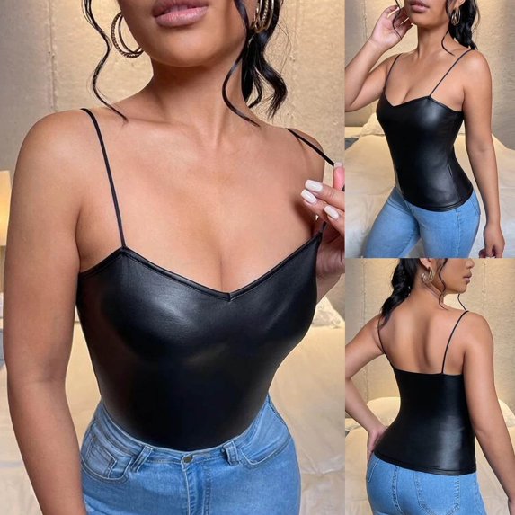 HAPIMO Women's Summer Tank Tops Solid Color Print Tops Sleeveless Shirts for Girls V-Neck Blouse Slim Fit Camis Vest Leather Strap Camisole Discount Black M