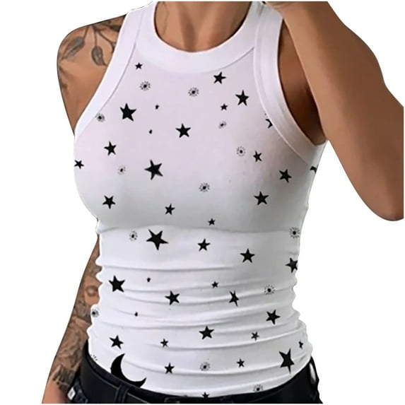 HAPIMO Women's Summer Tank Tops Stars Graphic Print Tops Sleeveless Shirts for Girls Casual Slim Fit Camis Vest O-Neck Blouse Daily Basic Camisole Discount White M