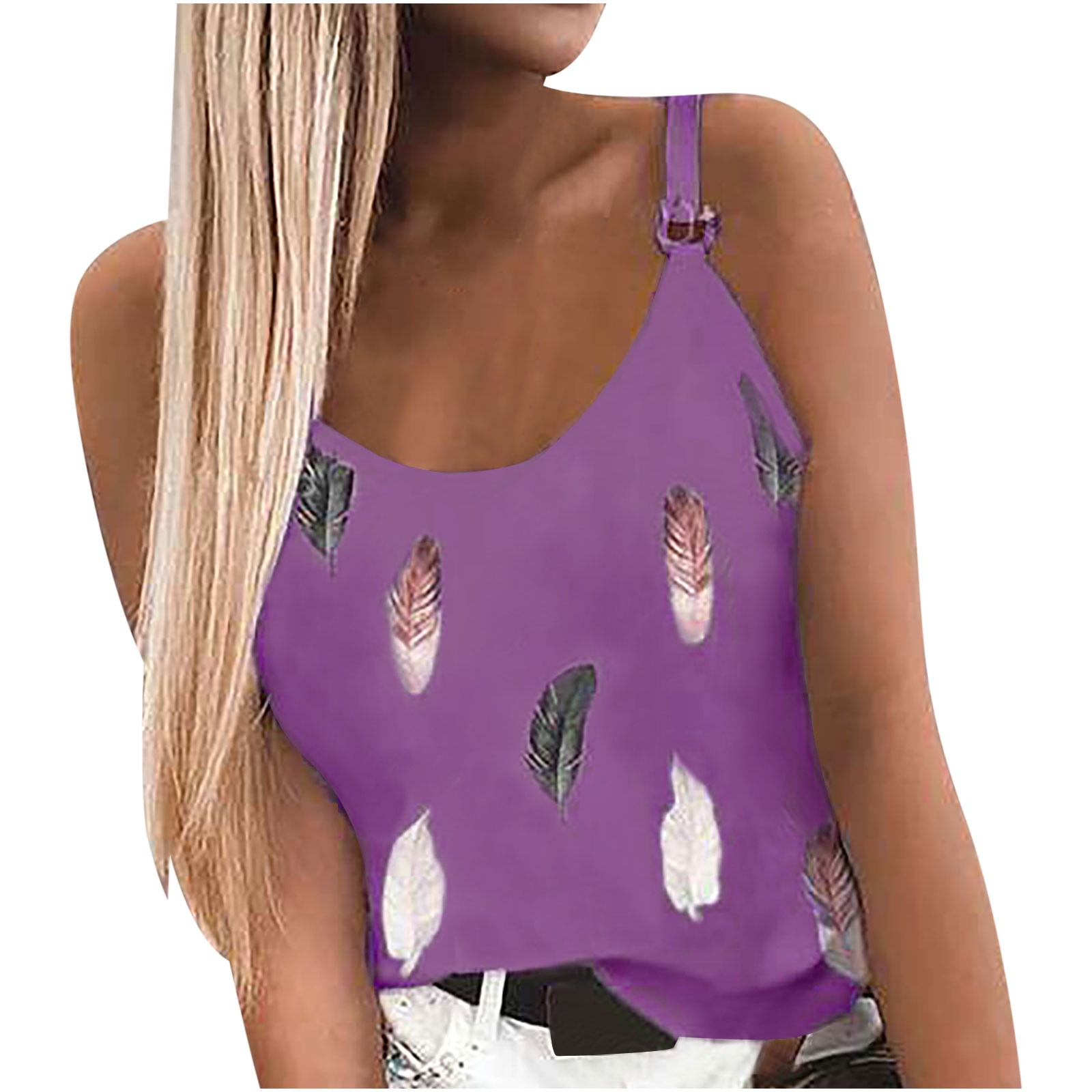 Cheap Women Feather Print Vest Sleeveless Loose Crop Tops Tank Tops Blouse  T-Shirt