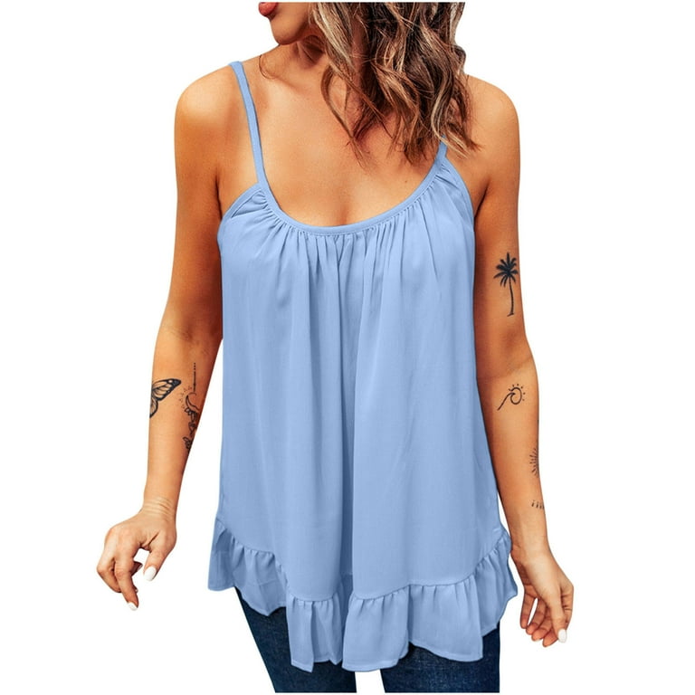 HAPIMO Women's Summer Tank Tops U-Neck Blouse Solid Color Print Tops Pleat  Comfy Tunic Camisole Sleeveless Shirts for Girls Casual Flowy Camis Vest  Savings Light Blue XXL 