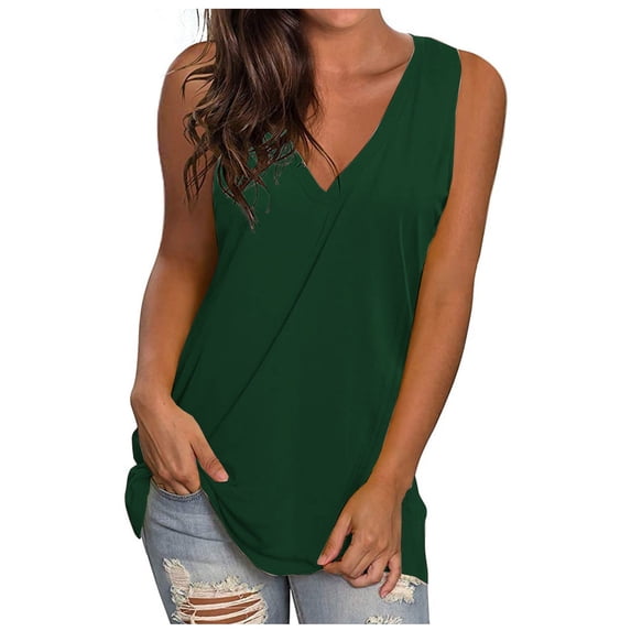 HAPIMO Women's Summer Tank Tops V-Neck Blouse Basic Tunic Camisole Solid Color Print Tops Sleeveless Shirts for Girls Pleat Flowy Swing Camis Green XXXL