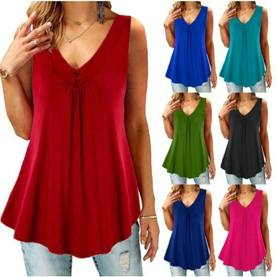 HAPIMO Women's Summer Tank Tops V-Neck Blouse Basic Tunic Camisole Solid Color Print Tops Sleeveless Shirts for Girls Pleat Flowy Swing Camis Vest Discount Hot Pink XXXXL