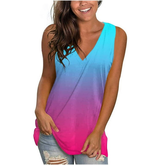 HAPIMO Women's Summer Tank Tops V-Neck Blouse Casual Loose Camis Sleeveless Shirts for Girls Gradient Clolor Print Tops Daily Basic Camisole Hot Pink M