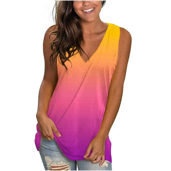 HAPIMO Women's Summer Tank Tops V-Neck Blouse Casual Loose Camis Sleeveless Shirts for Girls Gradient Clolor Print Tops Daily Basic Camisole Orange XL