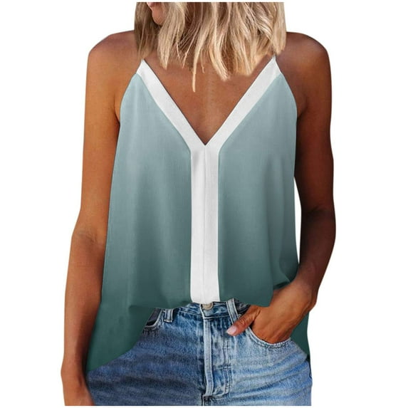 HAPIMO Women's Summer Tank Tops V-Neck Blouse Colorblock Print Tops Sleeveless Shirts for Girls Daily Basic Camisole Casual Strap Camis Green XXL
