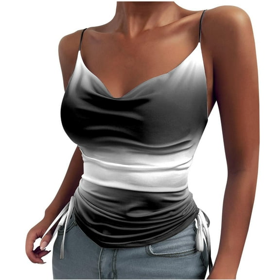 HAPIMO Women's Summer Tank Tops V-Neck Blouse Front Ruched Strap Camis Vest Tie Dye Gradient Color Print Tops Basic Tunic Camisole Sleeveless Shirts for Girls Sales Gray L