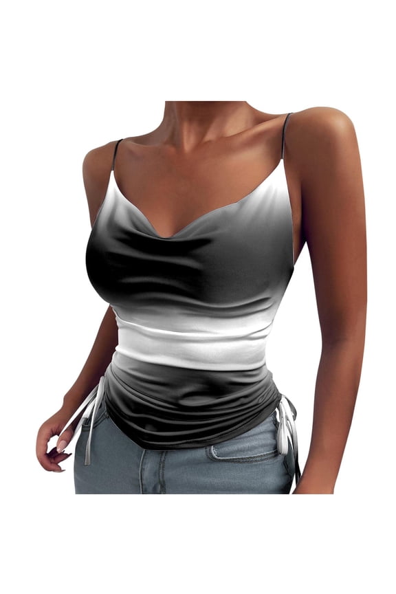 Women's Summer Tank Tops V-Neck Blouse Front Ruched Strap Camis Vest Tie Dye Gradient Color Print Tops Basic Tunic Camisole Sleeveless Shirts for Girls Sales Gray L