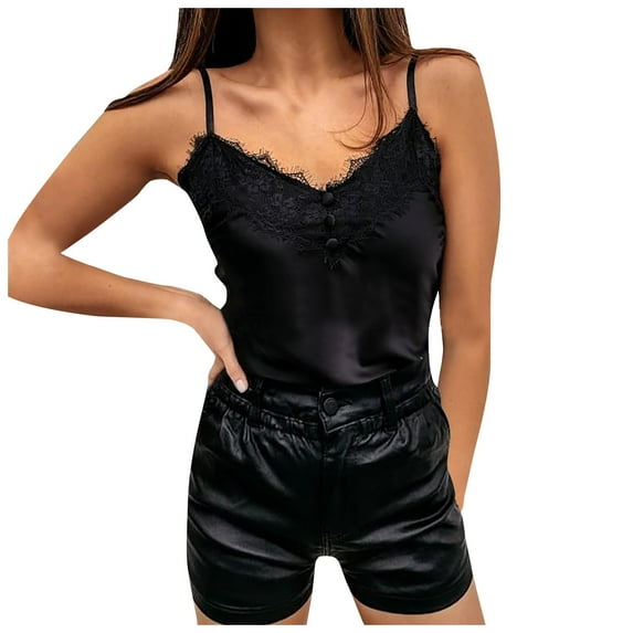 HAPIMO Women's Summer Tank Tops V-Neck Blouse Lace Trim Camisole Casual Strappy Camis Vest Solid Color Print Tops Sleeveless Shirts for Girls Black XXL