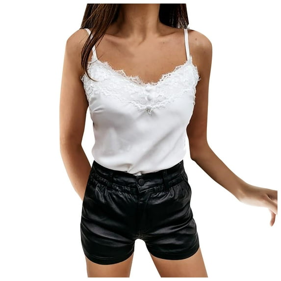 HAPIMO Women's Summer Tank Tops V-Neck Blouse Lace Trim Camisole Casual Strappy Camis Vest Solid Color Print Tops Sleeveless Shirts for Girls White M