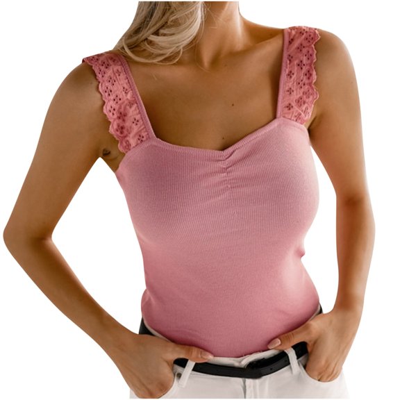 HAPIMO Women's Summer Tank Tops V-Neck Blouse Solid Color Print Tops Casual Ribbed Camis Sleeveless Shirts for Girls Ruffle Strap Camisole Pink S