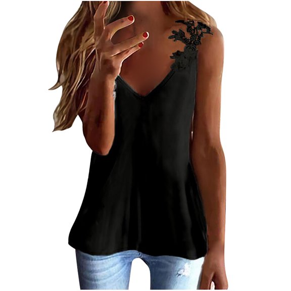 HAPIMO Women's Summer Tank Tops V-Neck Blouse Solid Color Print Tops Tunic Pleat Flowy Camis Vest Lace Trim Camisole Sleeveless Shirts for Girls Black S