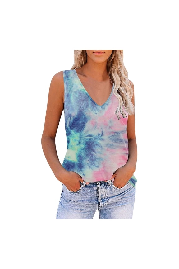 Women's Summer Tank Tops V-Neck Blouse Tie Dye Print Tops Casual Loose Fit Camis Vest Daily Camisole Sleeveless Shirts for Girls Blue M