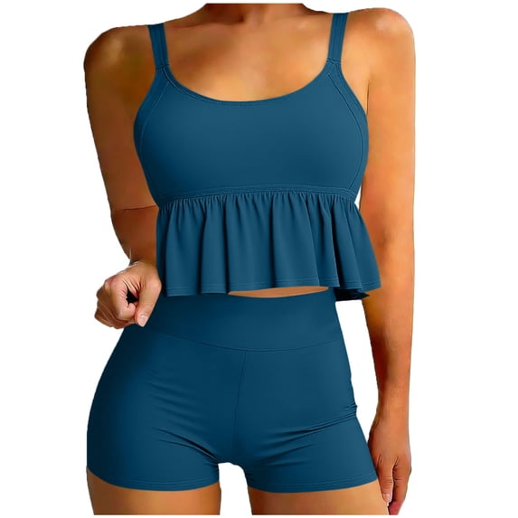 HAPIMO Women's Tankini Sets Spaghetti Strap Ruffled Crop Top and High Waisted Boy Shorts Modest Two Piece Bathing Suits Summer Beach Swimsuits with Chest Pad Navy S