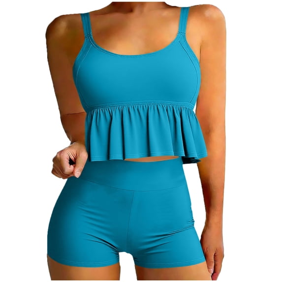 HAPIMO Women's Tankini Sets Spaghetti Strap Ruffled Crop Top and High Waisted Boy Shorts Modest Two Piece Bathing Suits Summer Beach Swimsuits with Chest Pad Light Blue L