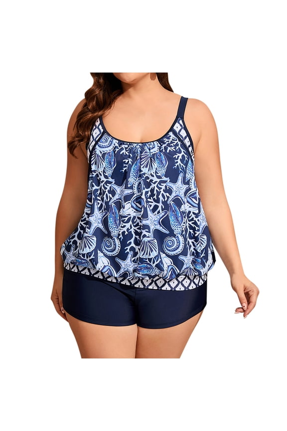 Women's Tankini Swimdress Boho Floral Print Beachwear Swing Oversized Backless Bathing Suit Plus Size Pleated Swimwear Sets Summer Seaside Clothes for Girls Blue XXXXL