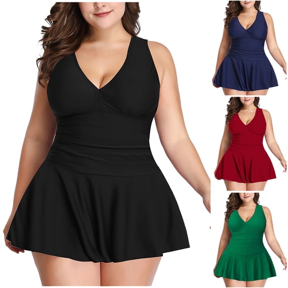 HAPIMO Women's Tankini Swimdress Pleat Swing Bathing Suit Solid Color Beachwear Summer Seaside Clothes for Girls Plus Size Babydoll Swimwear Sets Rollbacks Dark Blue XXL